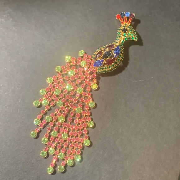 Rhinestone Jeweled Peacock Pin Brooch Signed OTC On The Back.  4.5 inches tall - Picture 8 of 12